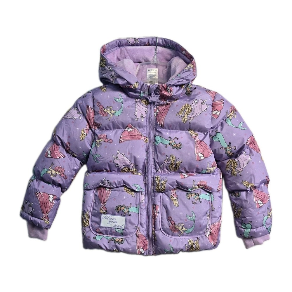 Disney Princess Print Puffer Jacket Girls S 6/6X Purple Hooded Winter Coat